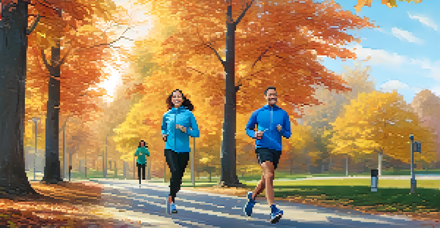 Two accountability partners jogging in a park during autumn, smiling and supporting each other.