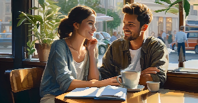 Two friends in a cozy café engaged in a supportive conversation about their goals, with notebooks and coffee cups visible on the table.