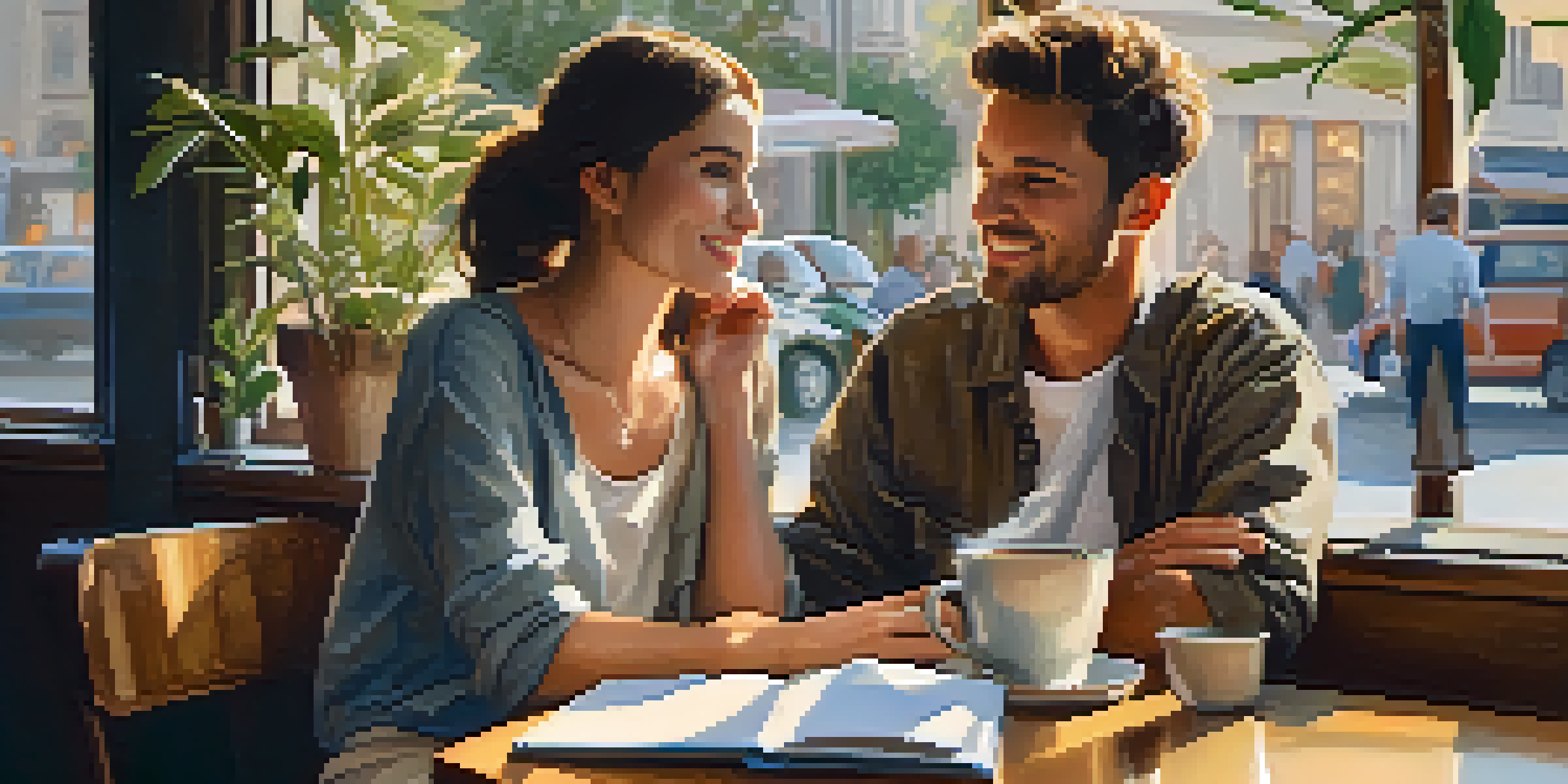 Two friends in a cozy café engaged in a supportive conversation about their goals, with notebooks and coffee cups visible on the table.