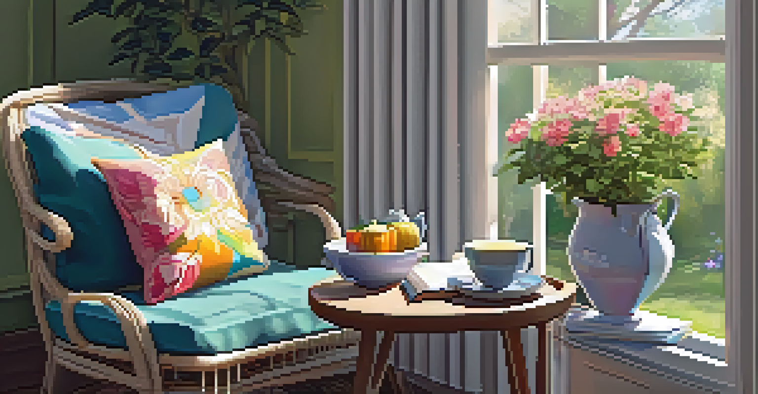 A cozy reading nook with an armchair, a cup of tea, and a view of a blooming garden.