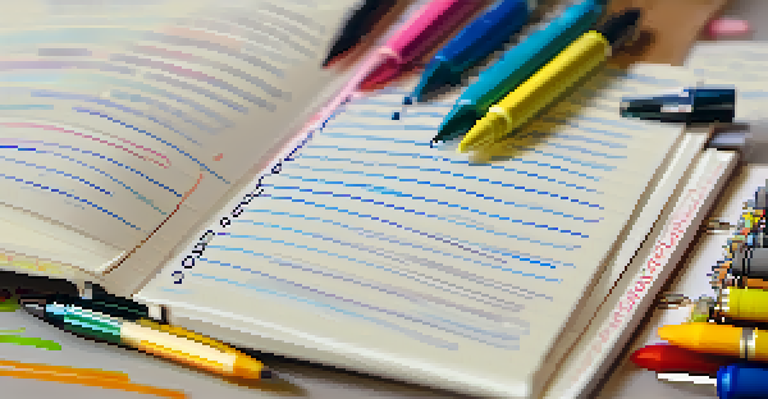 A close-up of a hand writing in a notebook filled with organized notes and bullet points, surrounded by colorful pens in soft ambient light.