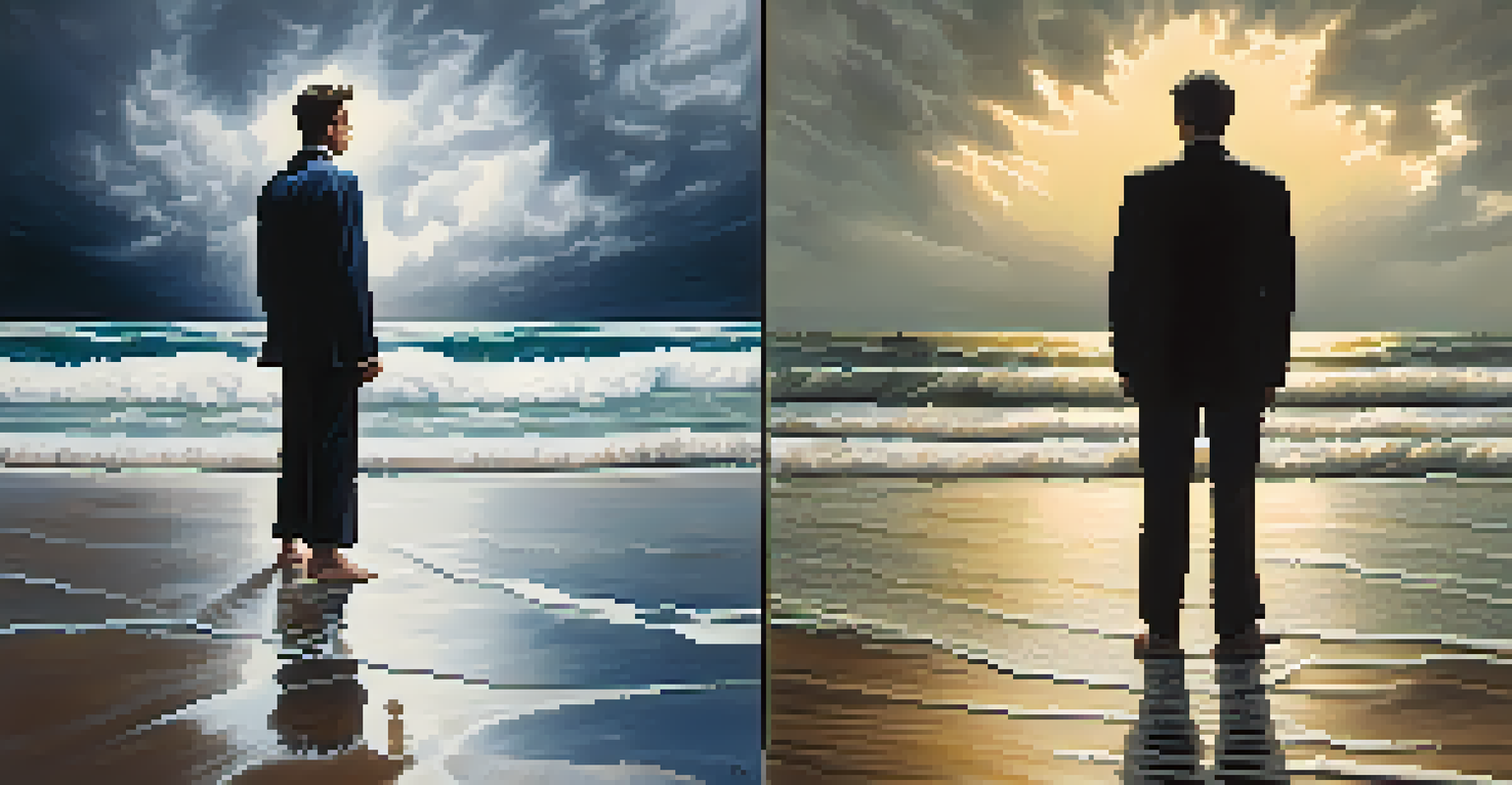 A split image showing a person facing a stormy sea and then standing confidently on a sunny beach, symbolizing resilience.