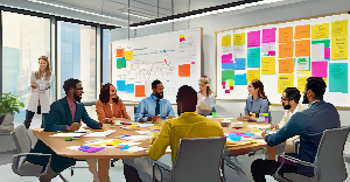 A diverse group of professionals brainstorming around a conference table, filled with natural light and colorful sticky notes.