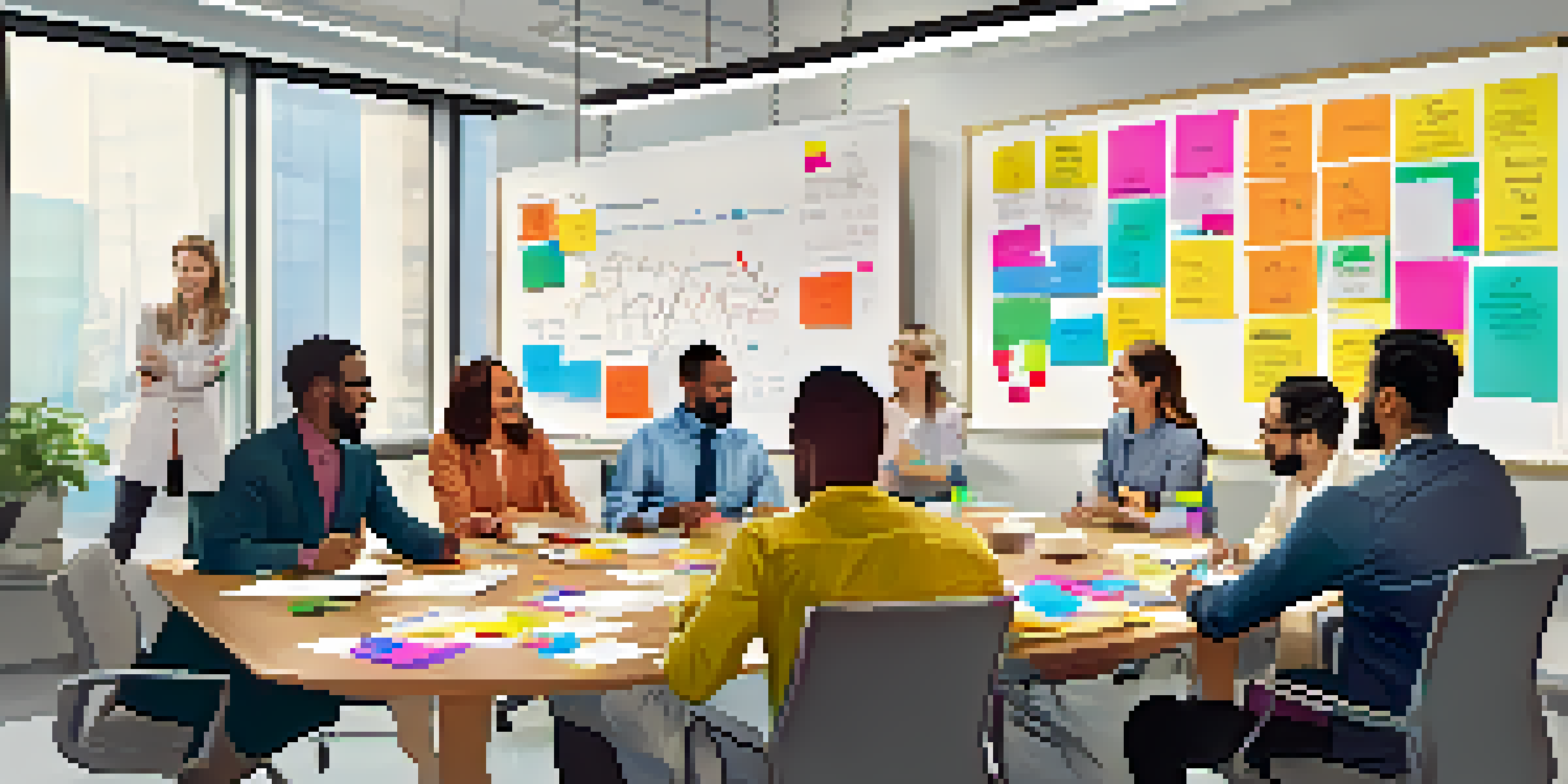 A diverse group of professionals brainstorming around a conference table, filled with natural light and colorful sticky notes.