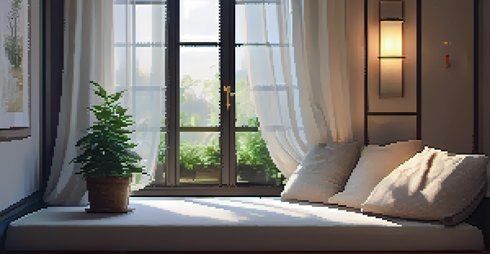 A peaceful meditation space with soft cushions, dim lighting, a scented candle, and a small indoor plant.