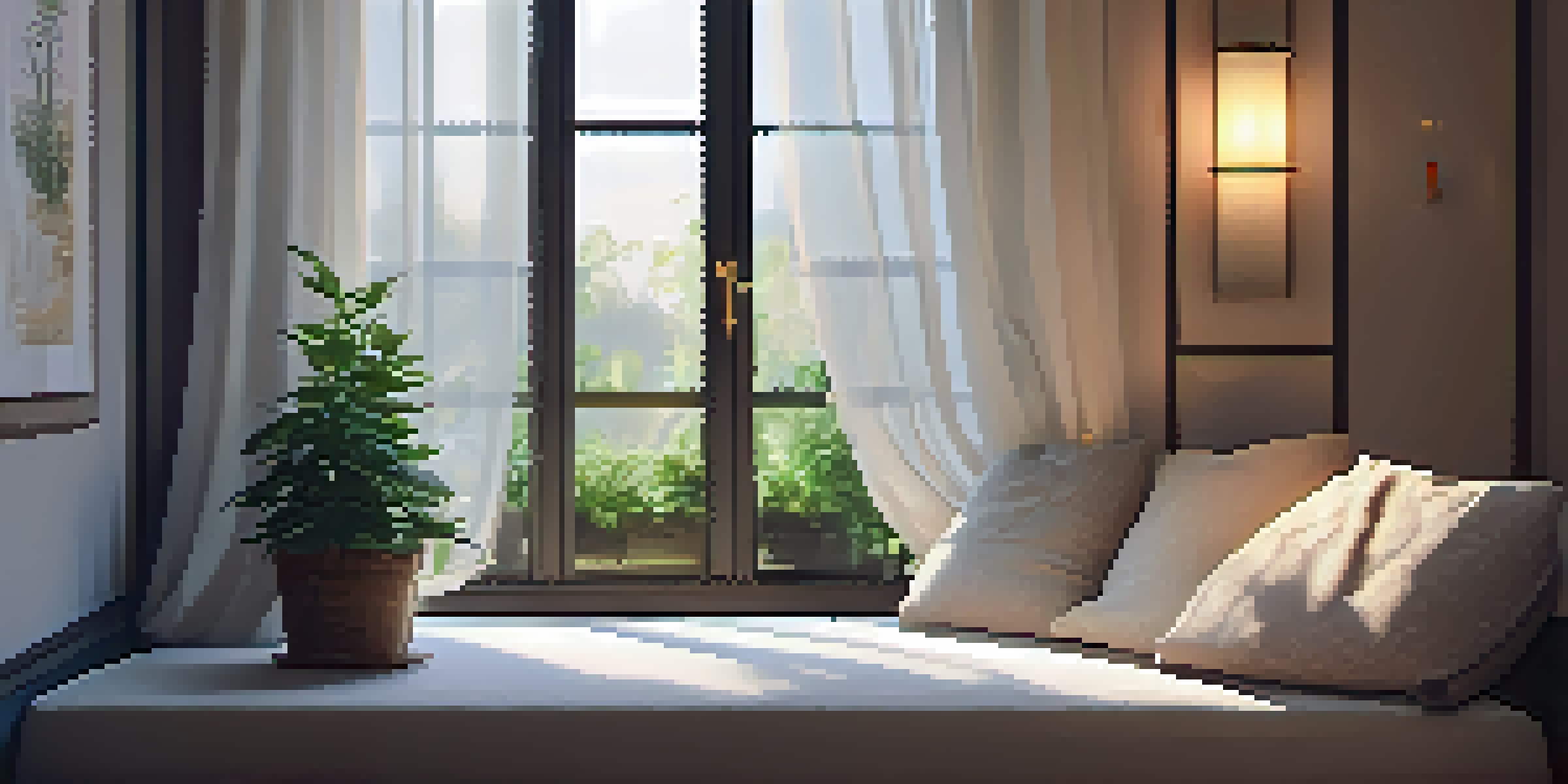 A peaceful meditation space with soft cushions, dim lighting, a scented candle, and a small indoor plant.