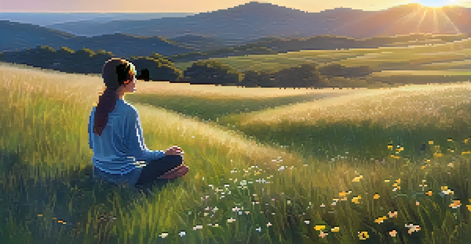A person practicing mindfulness outdoors, sitting cross-legged among wildflowers at sunset, embodying peace and resilience.