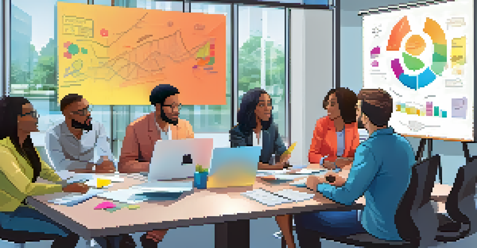 Diverse professionals in a modern office brainstorming together with sticky notes and laptops, surrounded by a whiteboard covered in colorful diagrams.