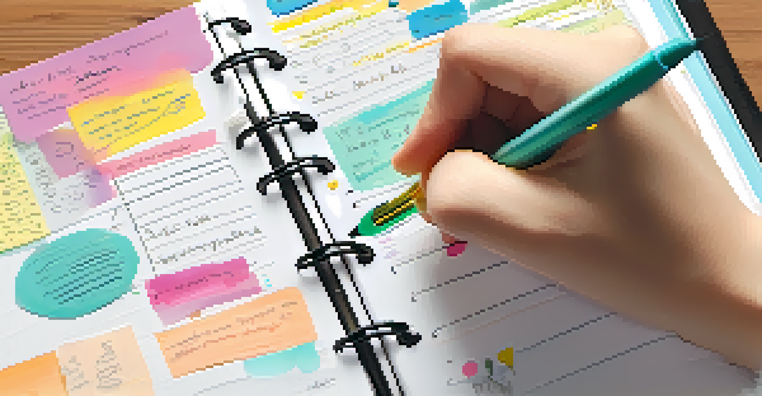 A hand writing in a planner with colorful pens and sticky notes around, illuminated by natural light.