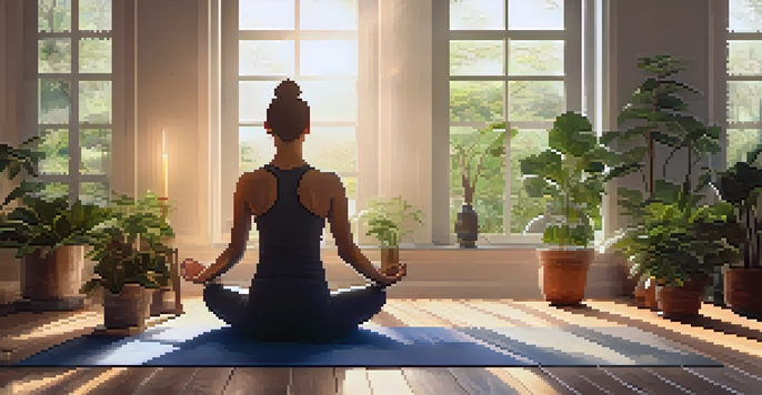 A peaceful yoga studio with a person practicing yoga on a mat, surrounded by greenery and soft sunlight.