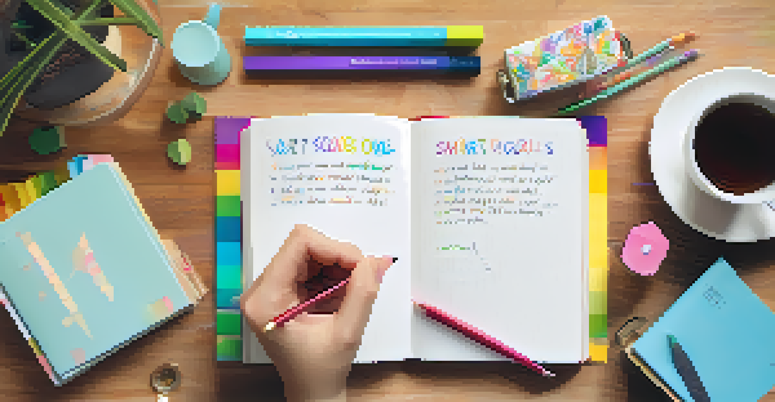 A hand writing SMART goals in a journal with colorful stationery and a cozy workspace in the background.
