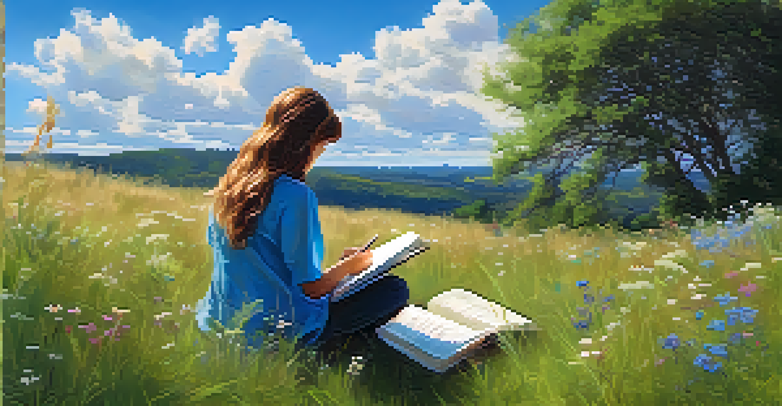 A person writing in a notebook outdoors on a grassy hill, surrounded by flowers and under a blue sky.