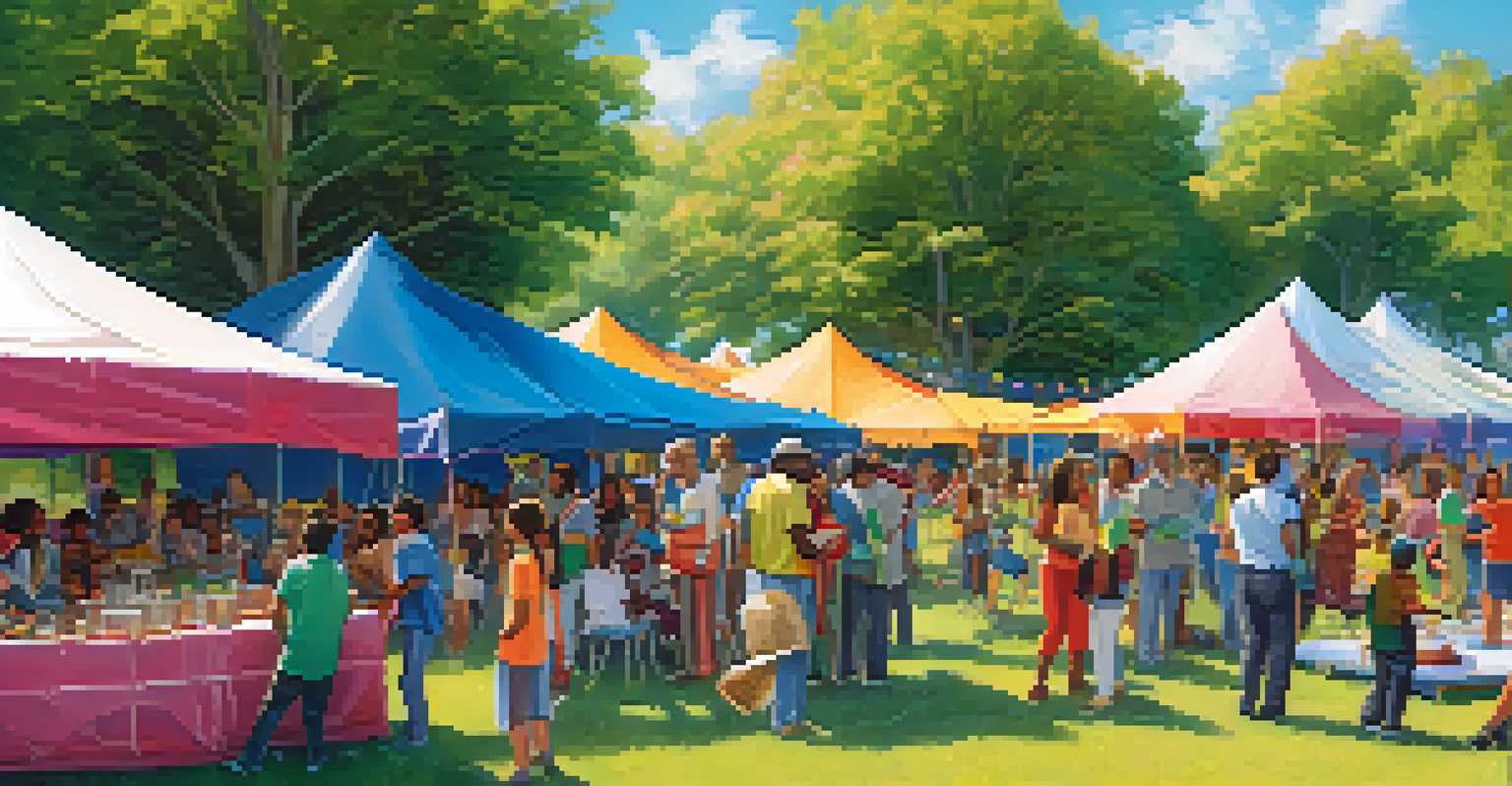 A lively community event in a park with people engaging in storytelling and art activities, promoting empathy and connection.