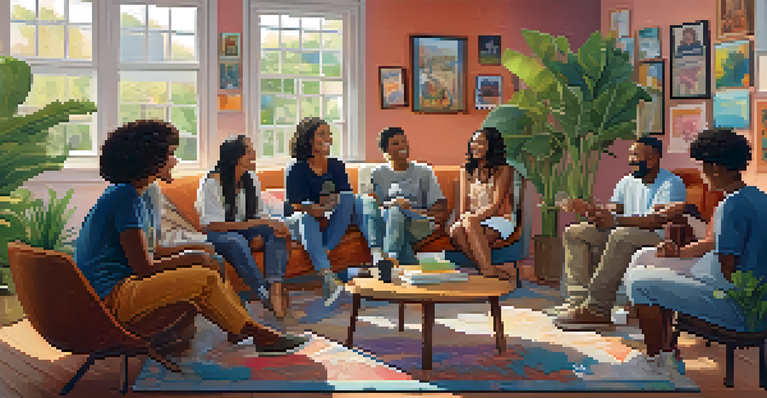A diverse group of individuals in a circle, engaging in supportive conversation and laughter in a cozy setting.