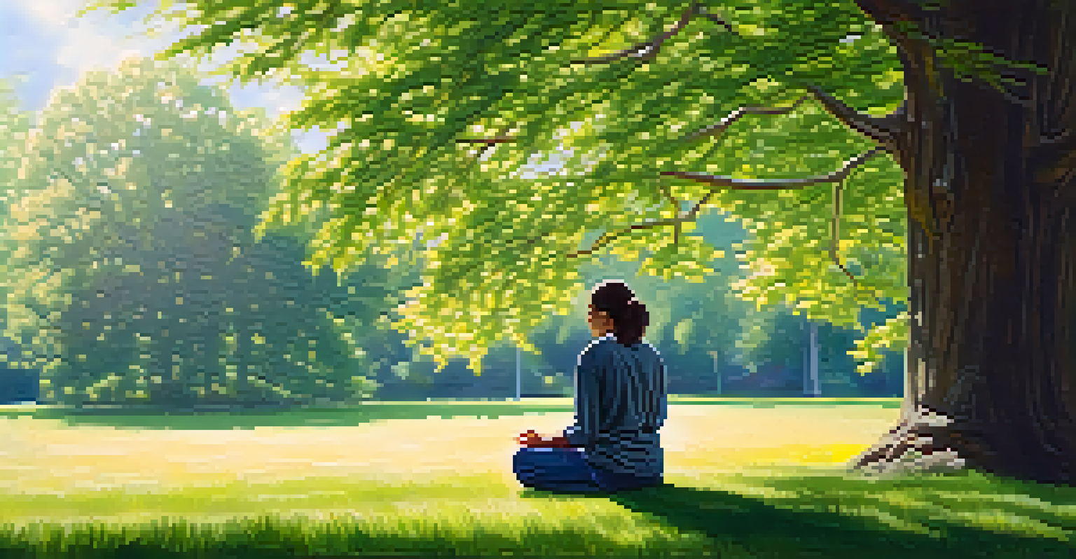 A person meditating in a park, surrounded by greenery and sunlight, conveying a sense of calm and mindfulness.