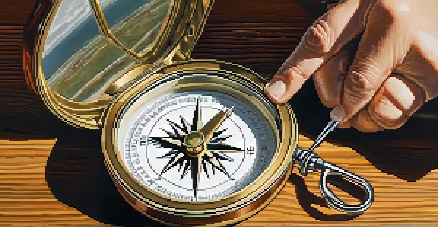 A close-up of hands holding a compass on a wooden table, representing guidance and integrity.