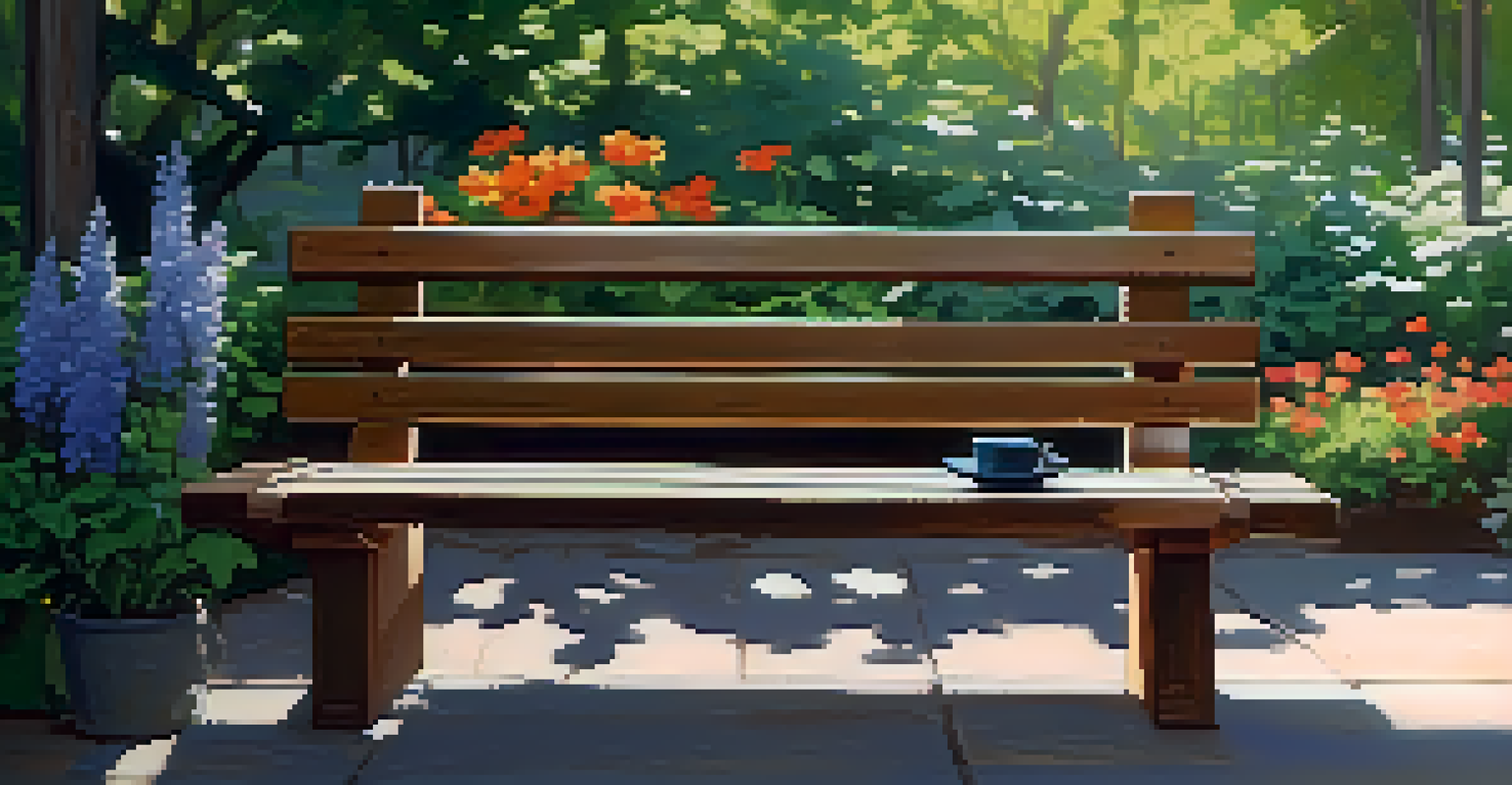 An outdoor park scene with a bench, an open journal, and flowers, illuminated by soft sunlight.