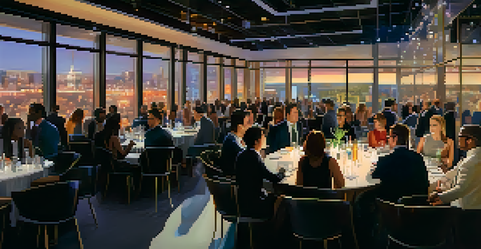 A lively networking event with diverse professionals talking and enjoying drinks in an elegantly decorated venue.