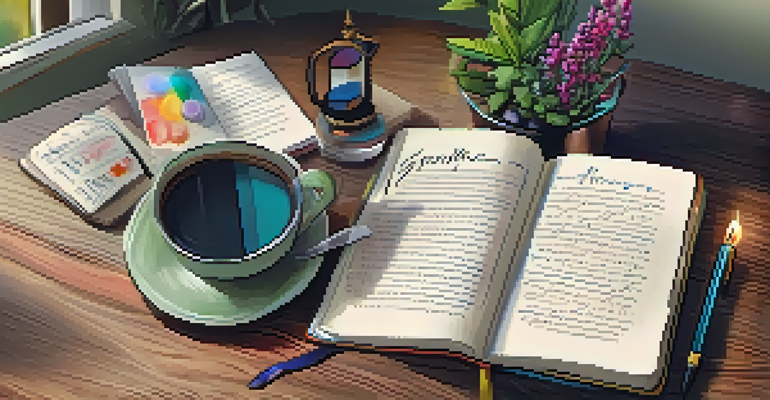 A close-up of a gratitude journal with colorful handwritten entries, surrounded by a candle and a plant.