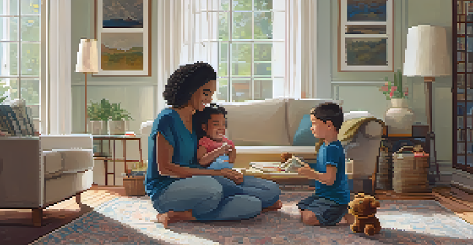 A parent and child having a heartfelt conversation in a cozy living room, expressing empathy.