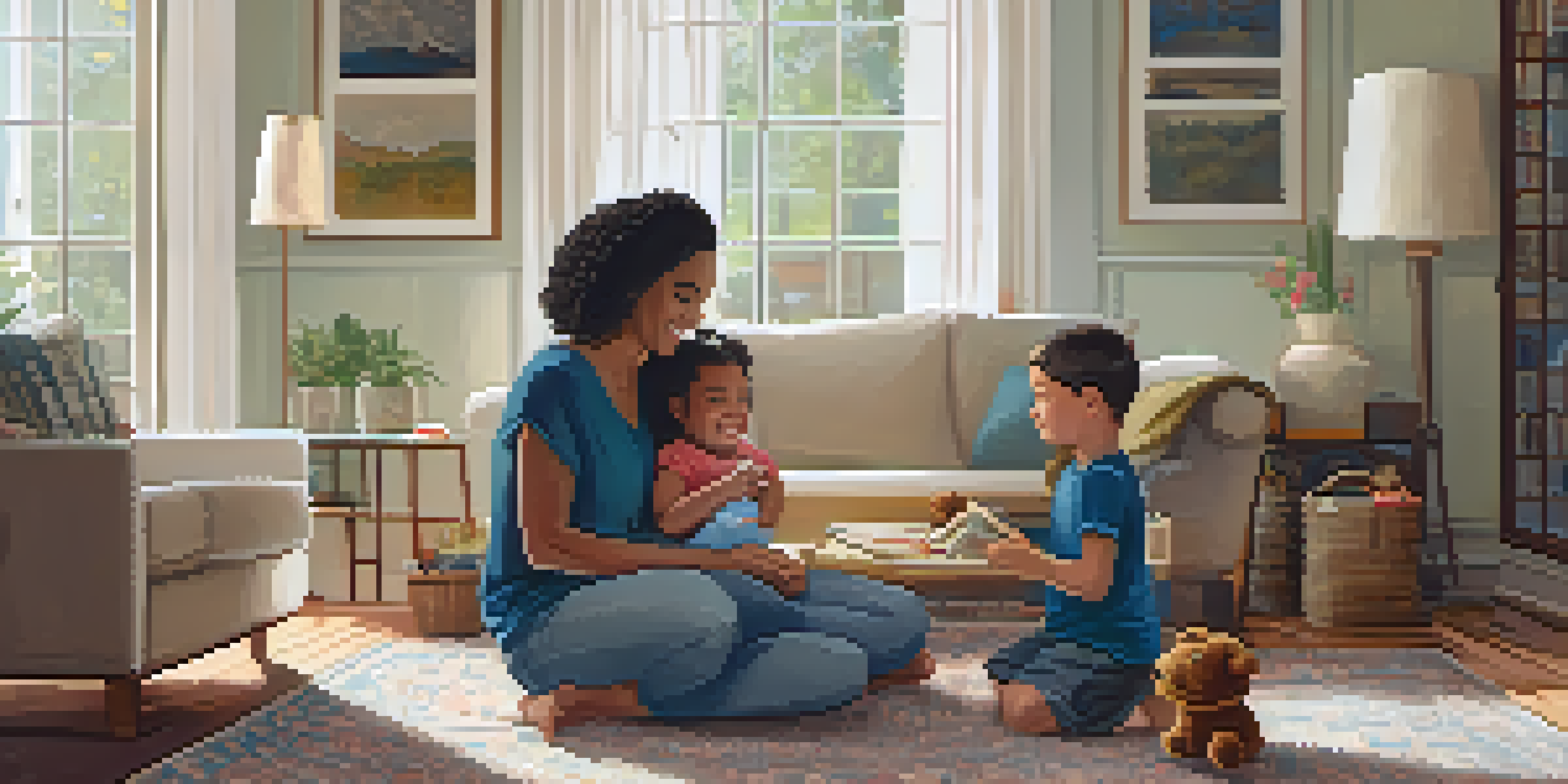 A parent and child having a heartfelt conversation in a cozy living room, expressing empathy.