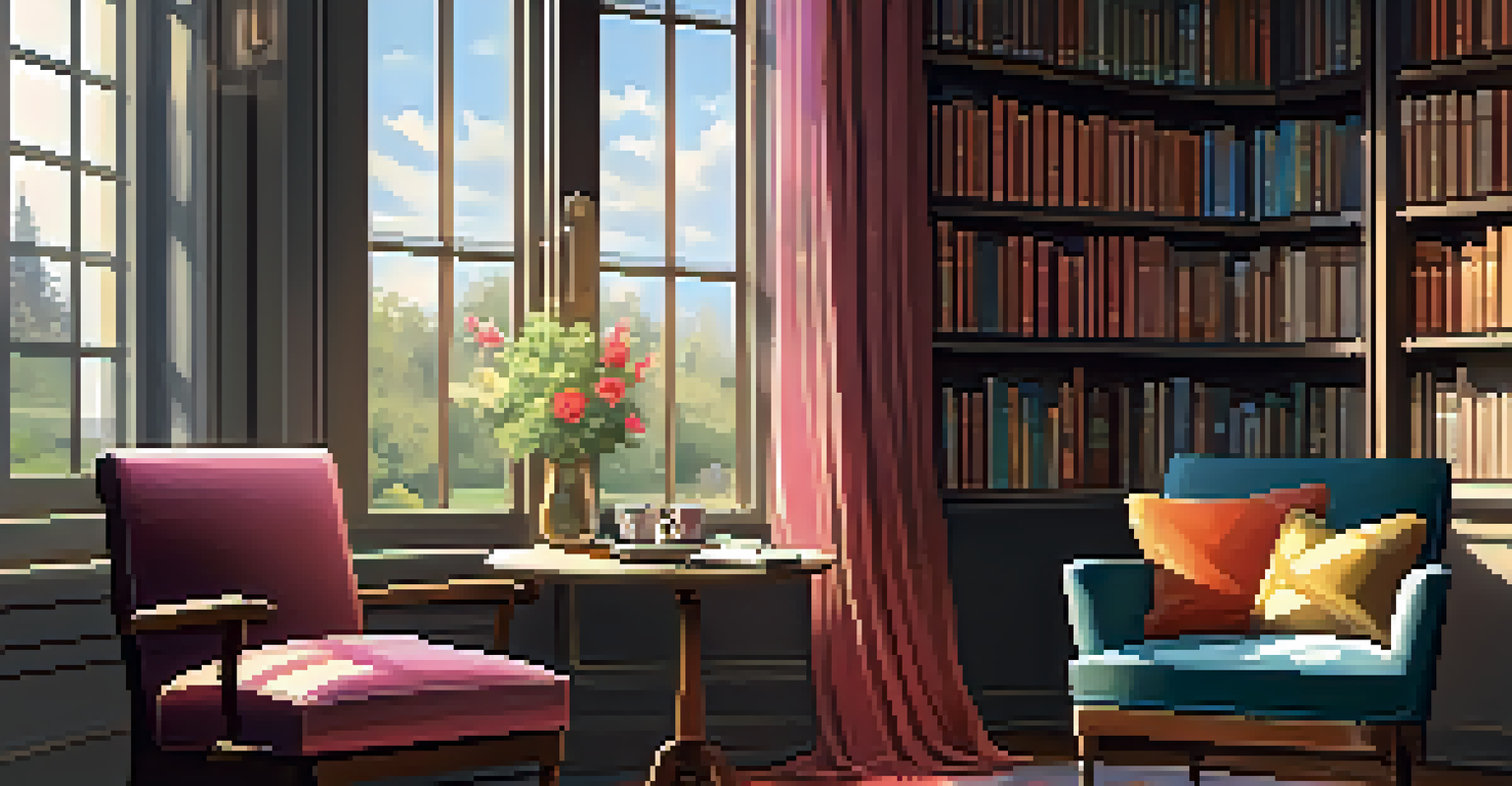 A cozy reading nook with a plush armchair, cushions, a cup of tea, and an open book near a window with sunlight filtering through.