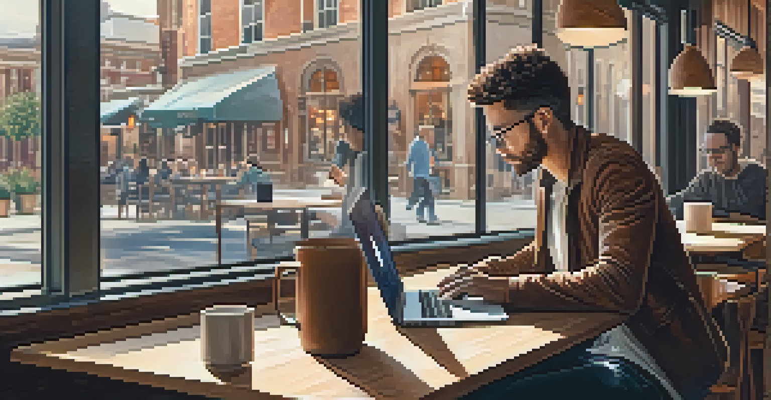 A person sitting in a coffee shop, using a laptop to connect with others on social media, surrounded by a warm and inviting atmosphere.
