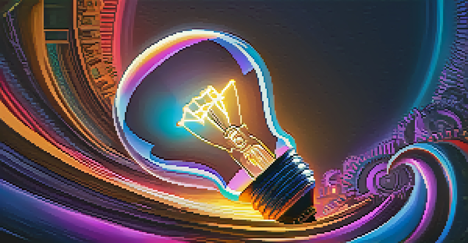 An abstract image of a glowing light bulb surrounded by colorful swirls, gears, and digital elements on a gradient background.