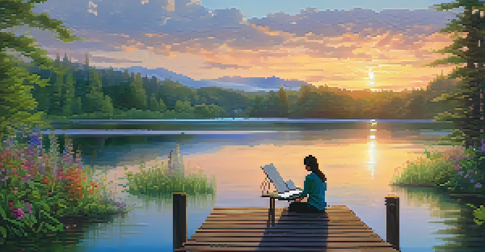 A peaceful scene of a person writing in a gratitude journal on a dock by a lake at sunrise, surrounded by greenery and wildflowers.