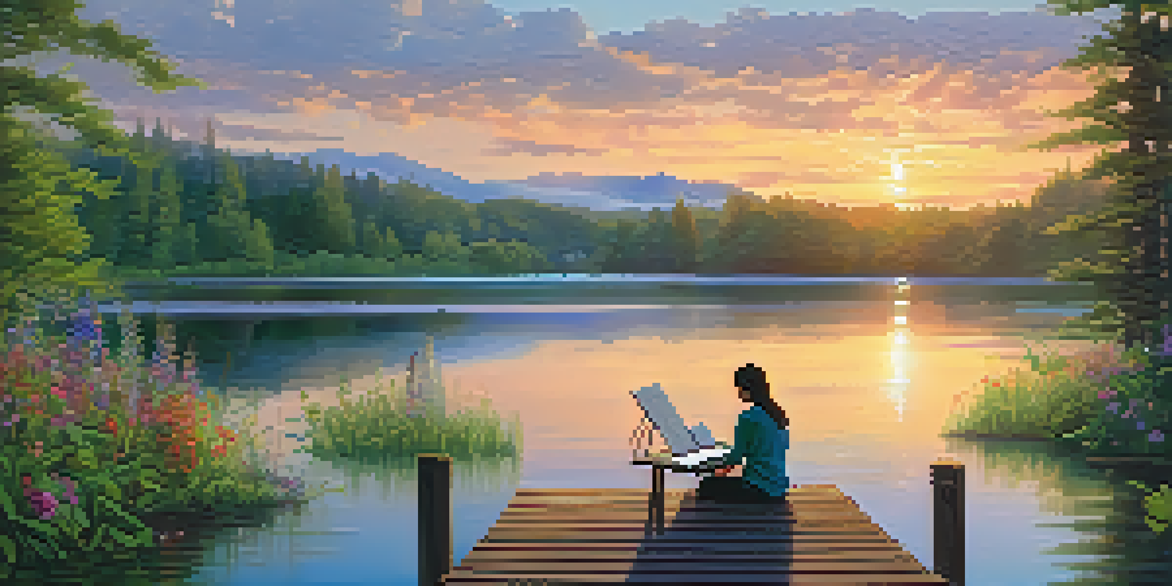 A peaceful scene of a person writing in a gratitude journal on a dock by a lake at sunrise, surrounded by greenery and wildflowers.