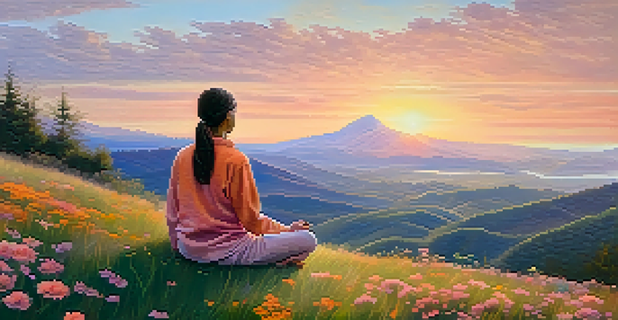 A person meditating on a grassy hillside during sunrise, surrounded by wildflowers and mountains.