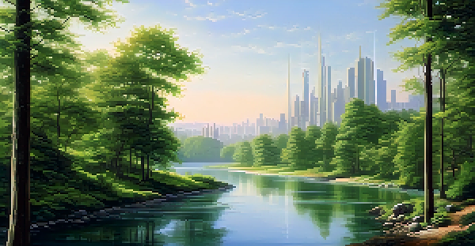 A tranquil river flowing through a green forest and a modern city skyline, symbolizing the balance between intuition and logic.