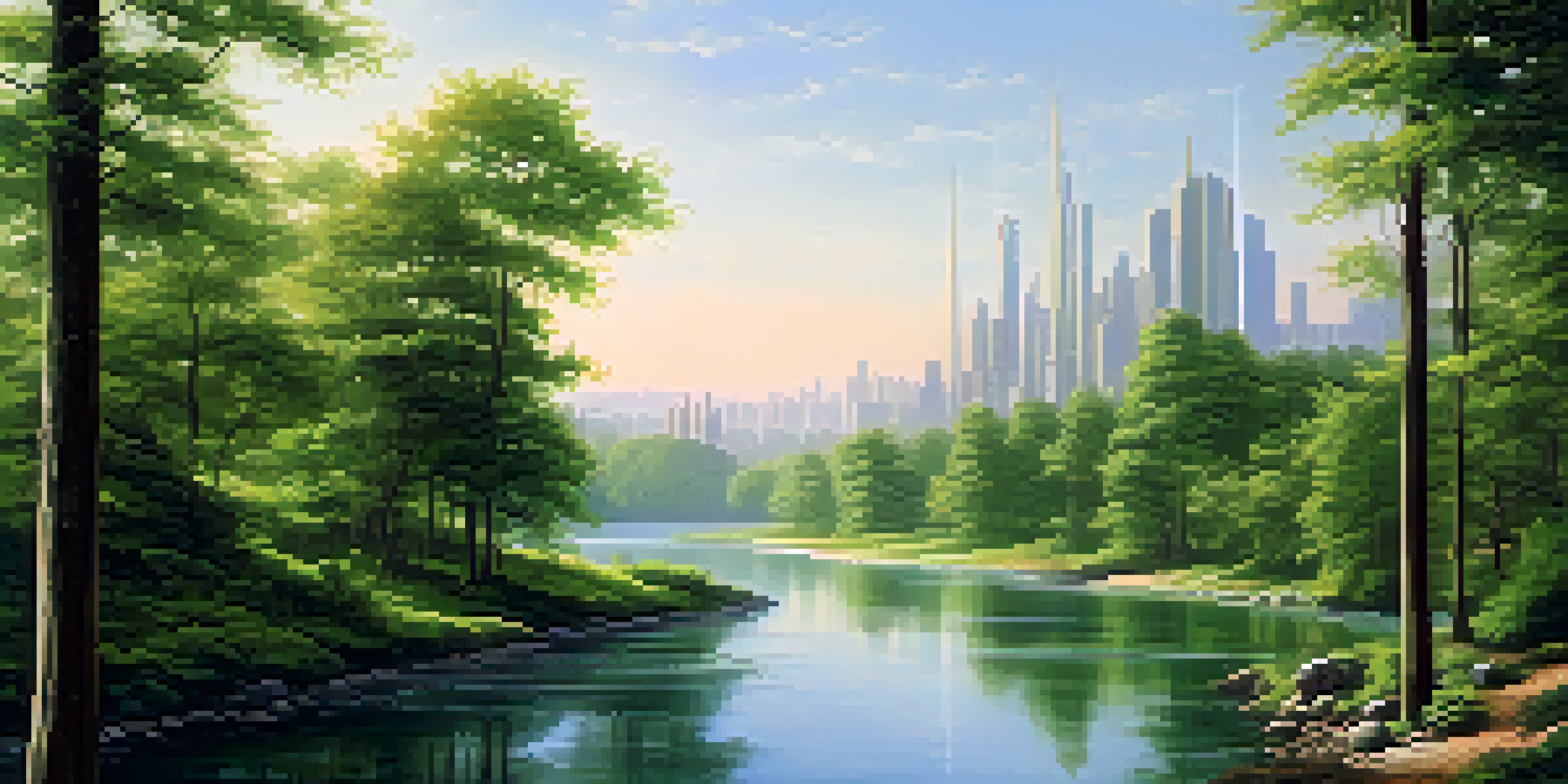 A tranquil river flowing through a green forest and a modern city skyline, symbolizing the balance between intuition and logic.