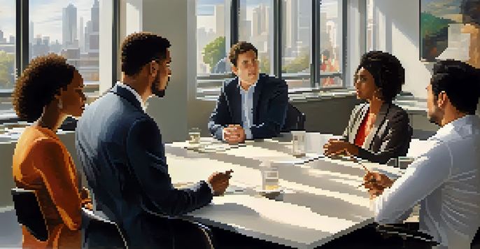 A diverse group of people in a professional discussion, with one person presenting confidently and others showing interest.