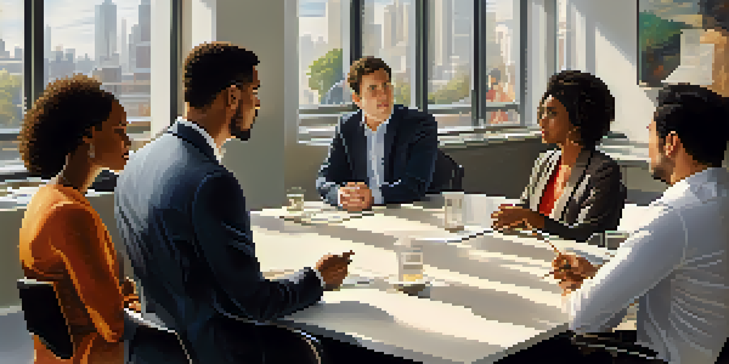 A diverse group of people in a professional discussion, with one person presenting confidently and others showing interest.