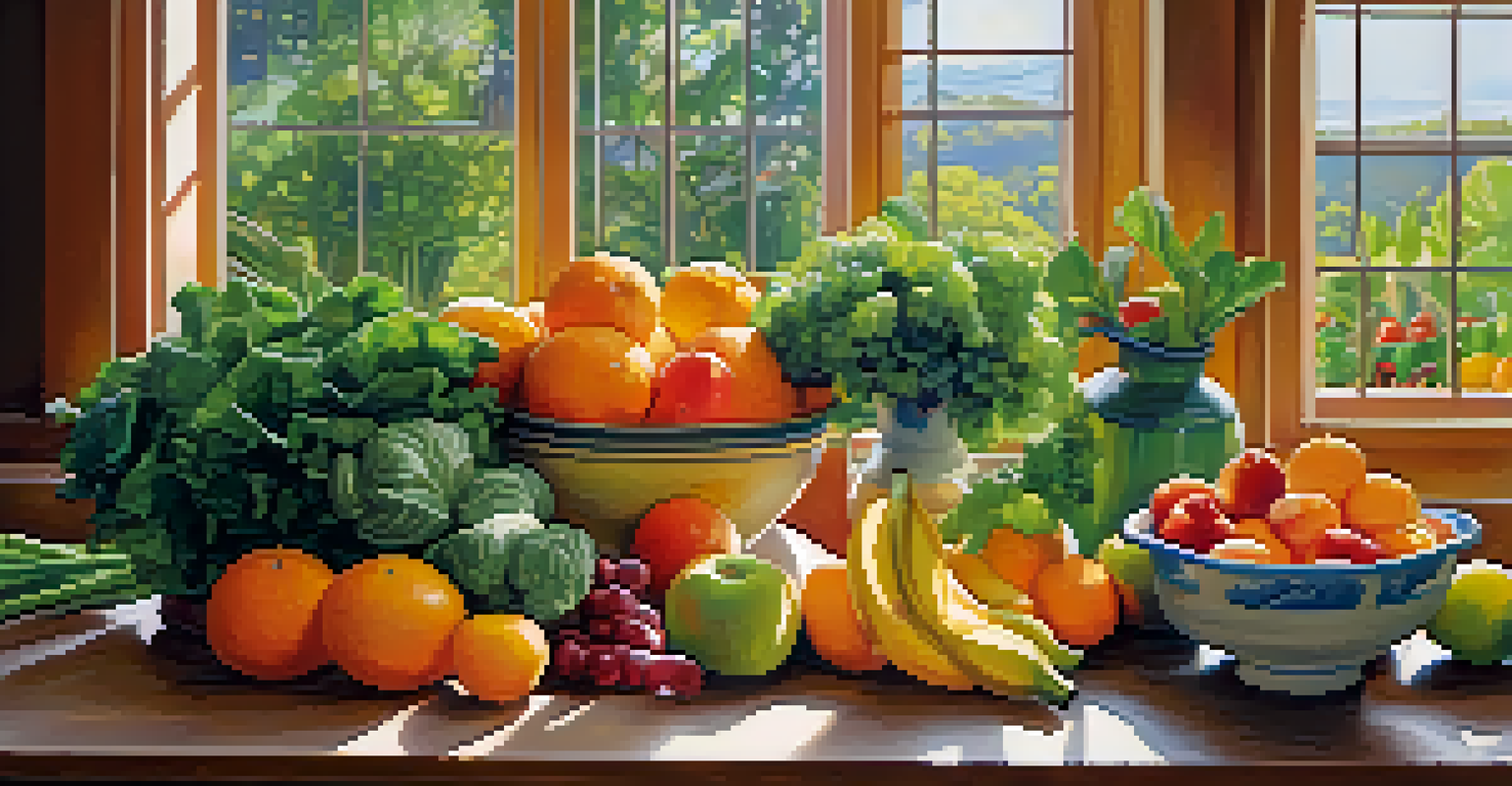 A colorful display of fresh fruits and vegetables on a kitchen countertop, with soft morning light streaming through a window.