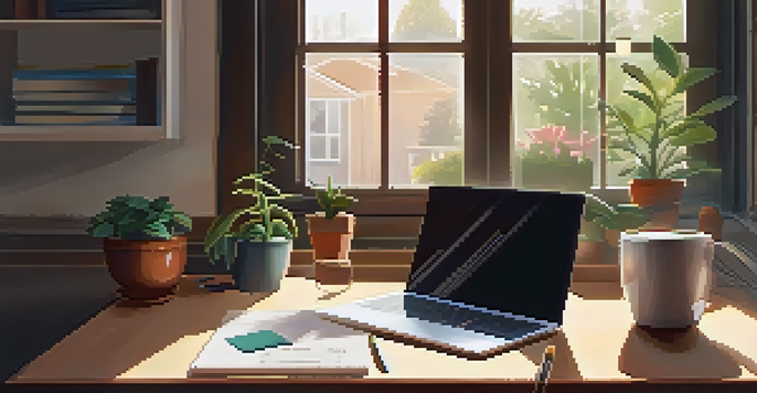 A cozy workspace with a wooden desk, laptop, stationery, a plant, and a cup of coffee, illuminated by soft morning light.