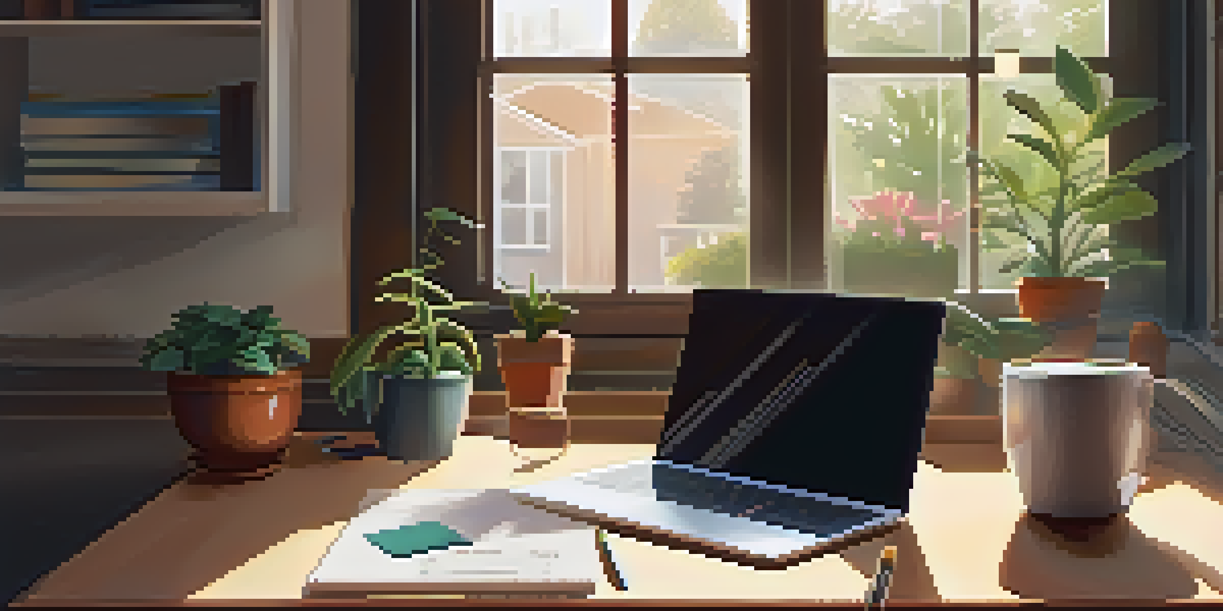 A cozy workspace with a wooden desk, laptop, stationery, a plant, and a cup of coffee, illuminated by soft morning light.