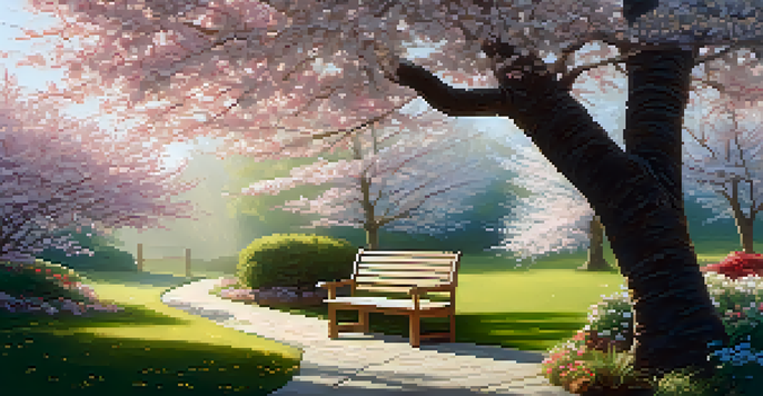A peaceful garden with a wooden bench under a cherry tree, sunlight shining through the leaves and colorful flowers blooming.
