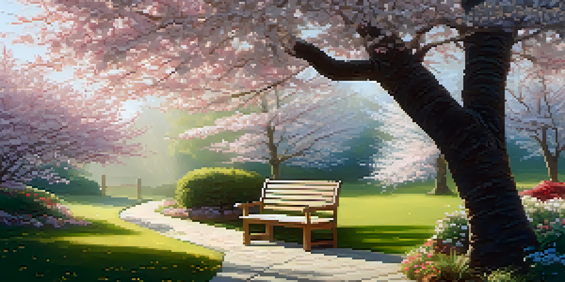 A peaceful garden with a wooden bench under a cherry tree, sunlight shining through the leaves and colorful flowers blooming.