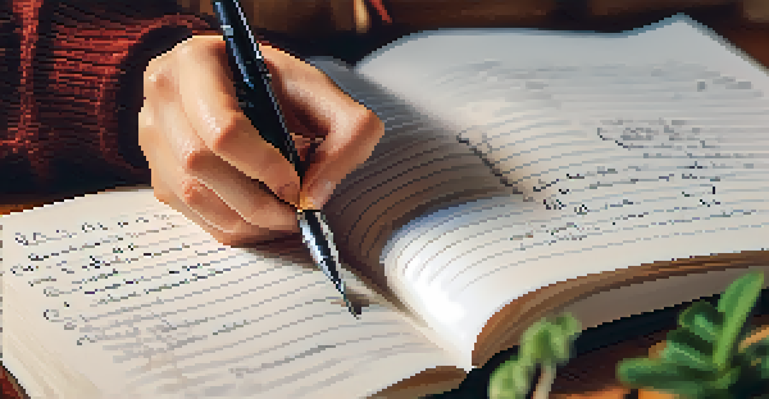 Hands writing in a journal with a fountain pen, surrounded by motivational quotes and a small plant in a warm, cozy light.