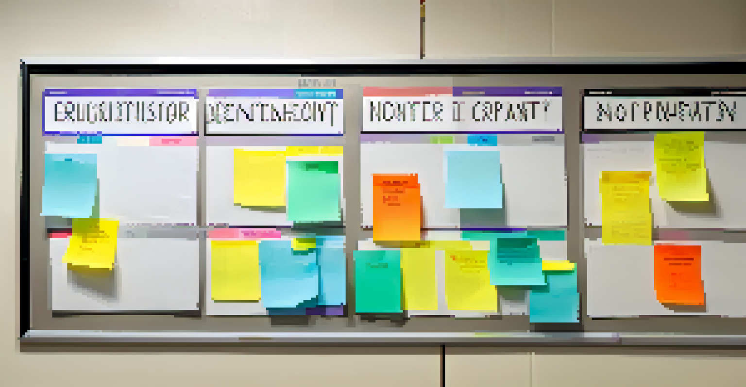 A whiteboard displaying the Eisenhower Matrix with colorful sticky notes, set in a softly lit office.