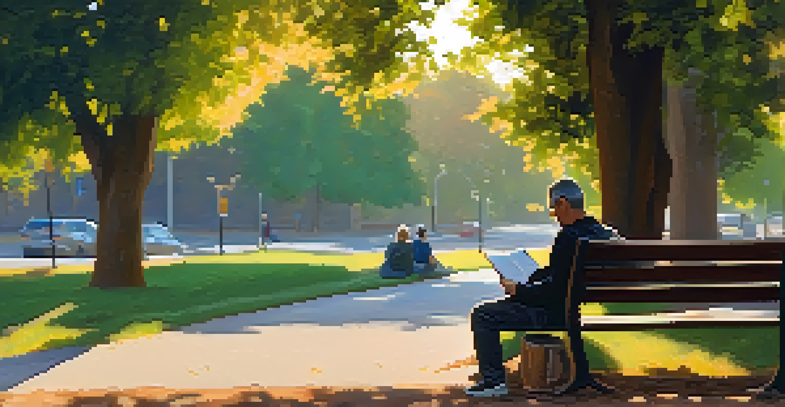 A person writing in a journal on a park bench during golden hour, surrounded by trees and warm light.