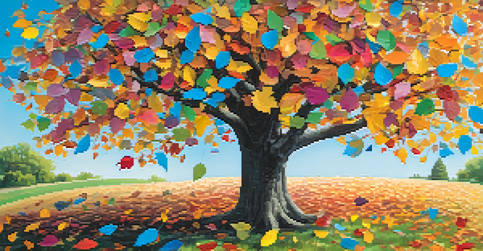 A colorful gratitude tree with leaves made of notes expressing thanks, set in a sunny park.