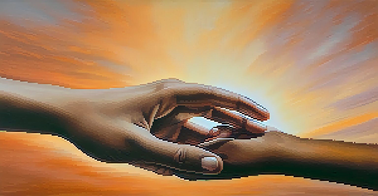 Two hands of different skin tones reaching out to each other against a warm gradient background.