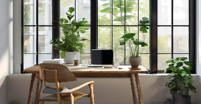 A bright and inviting office space with a wooden desk, laptop, and motivational quotes on the walls.