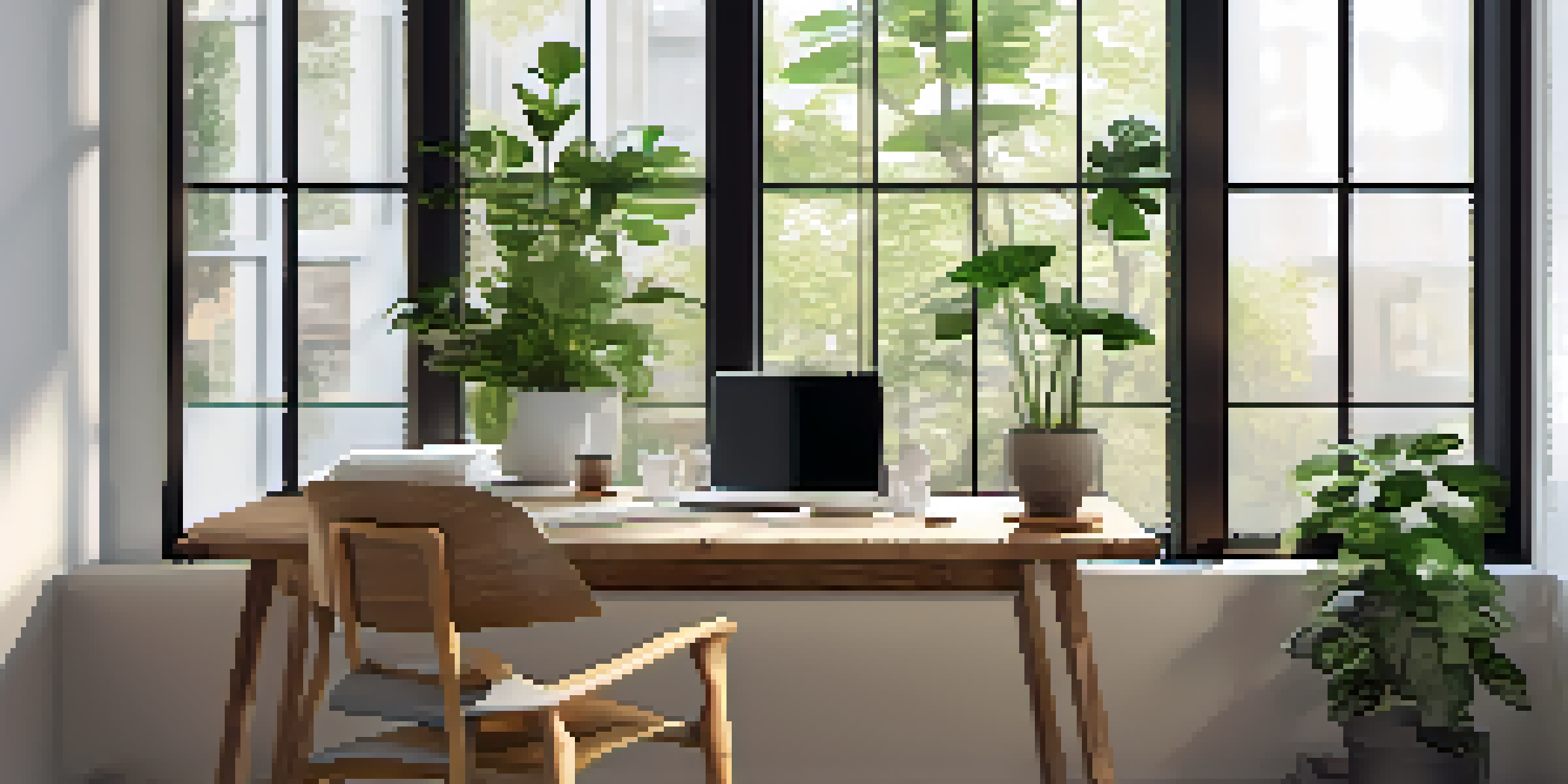 A bright and inviting office space with a wooden desk, laptop, and motivational quotes on the walls.