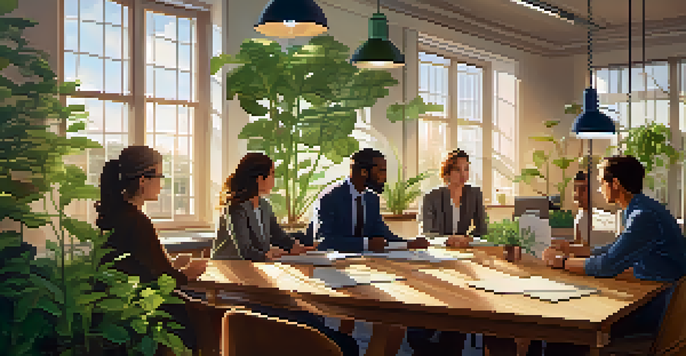 A diverse group of colleagues in a well-lit office discussing ethics, surrounded by plants and motivational posters.