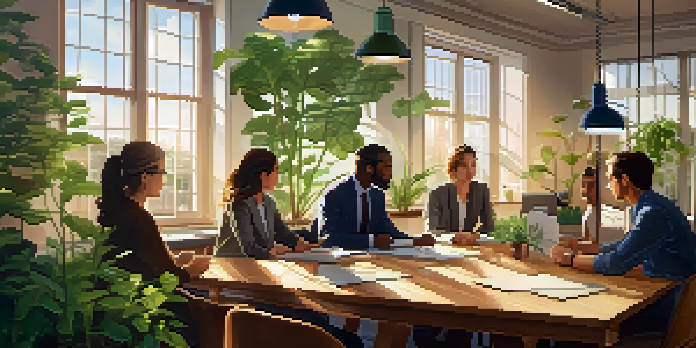 A diverse group of colleagues in a well-lit office discussing ethics, surrounded by plants and motivational posters.