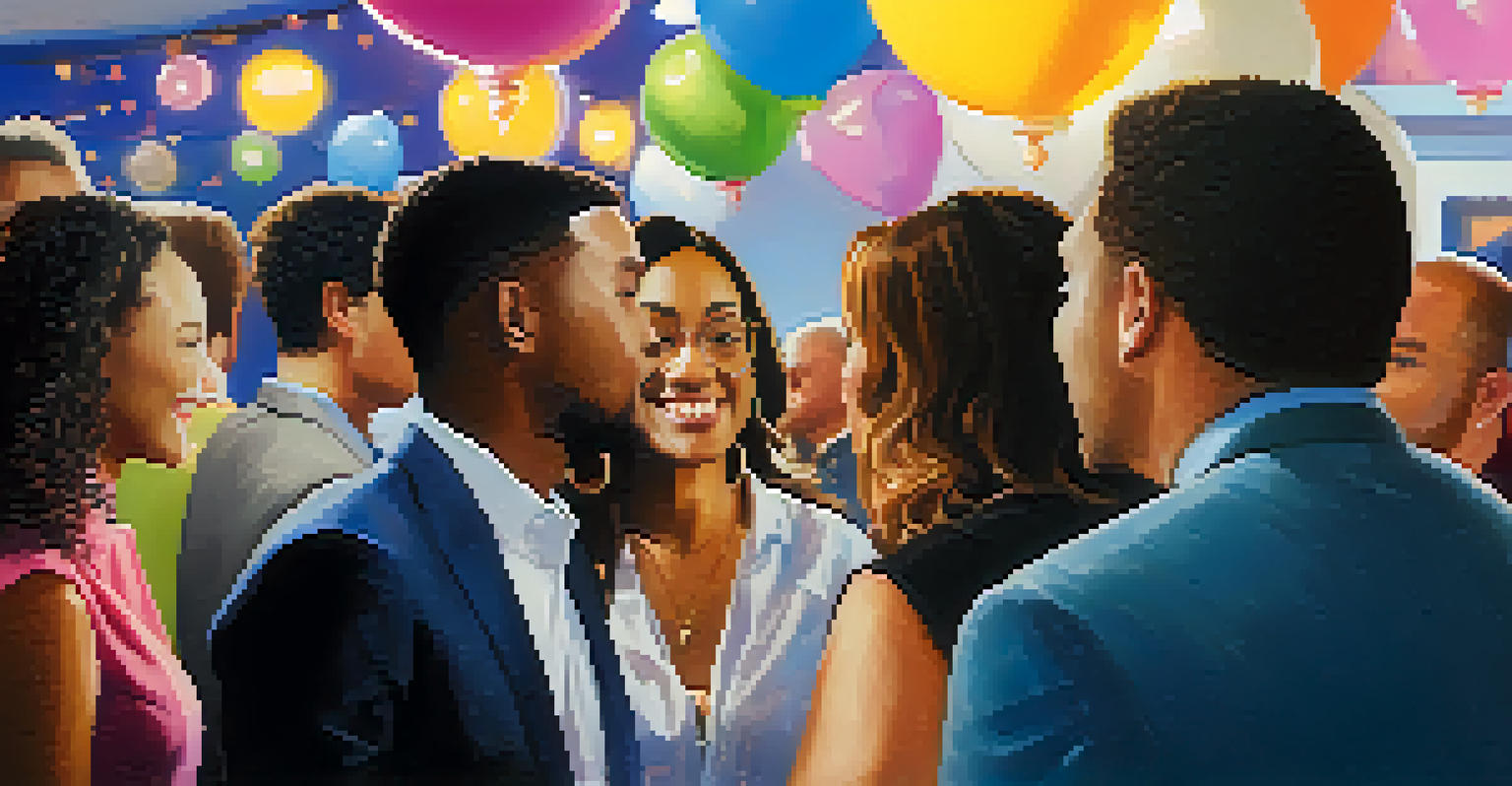 A diverse group of professionals mingling at a networking event, one person actively listening and another sharing thoughts.